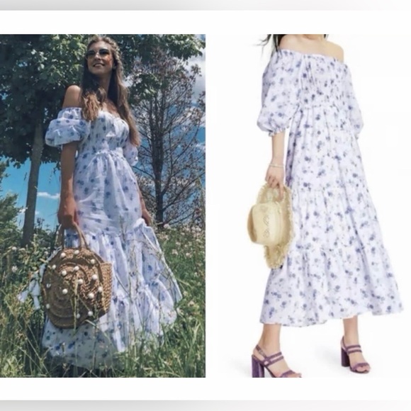 LoveShackFancy Dresses & Skirts - LoveShackFancy White and Blue Floral Off-Shoulder Maxi Dress